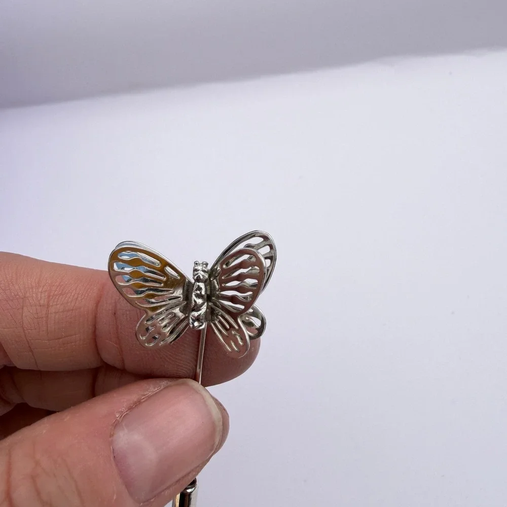 Butterfly Stick Pin Silver Tone Filigree Lapel Hat Jewelry Whimsical Nature